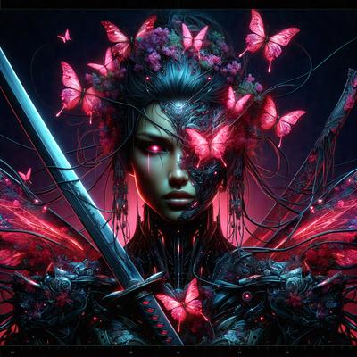 The primary subject of the image is a woman with a sword. She is wearing a futuristic outfit and has a sword in her hand. The setting is a dark and moody environment, with a backdrop of a flower-covered sword. The visual style is a combination of digital art and illustration, creating a unique and intriguing scene. The colors are predominantly dark, with the woman's outfit and the sword being the main focus. The mood of the image is intense and dramatic